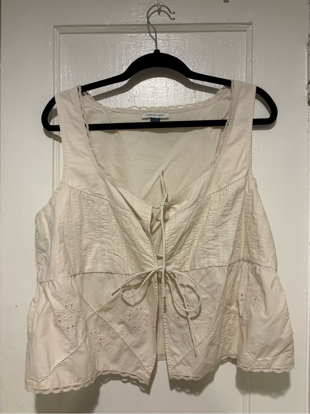 American Eagle Outfitters Cream Tie-Front Embroidered Tank